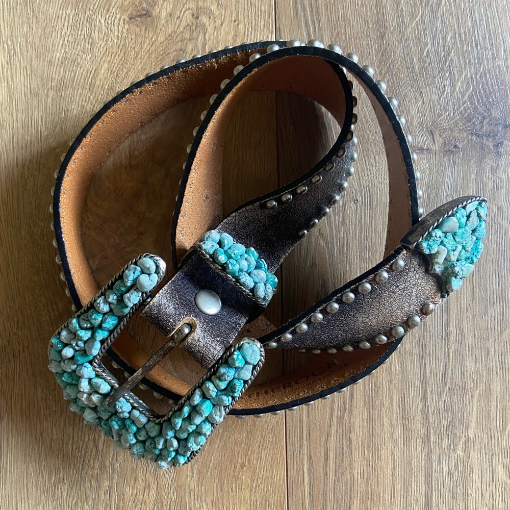 Leatherock Western Belt - Brown Leather w/ Turquoise Buckle - S32